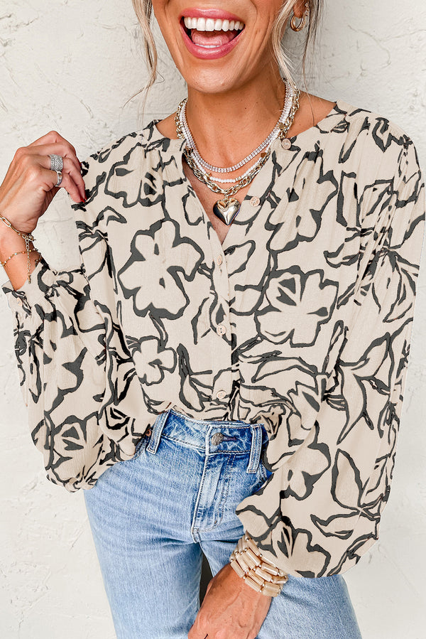 T-shirt femme floral, boutonnée, ample — gris