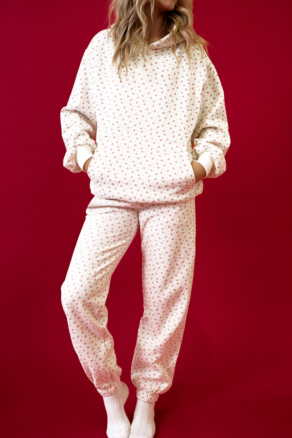 Hoodie femme floral, poches, à capuche — rose