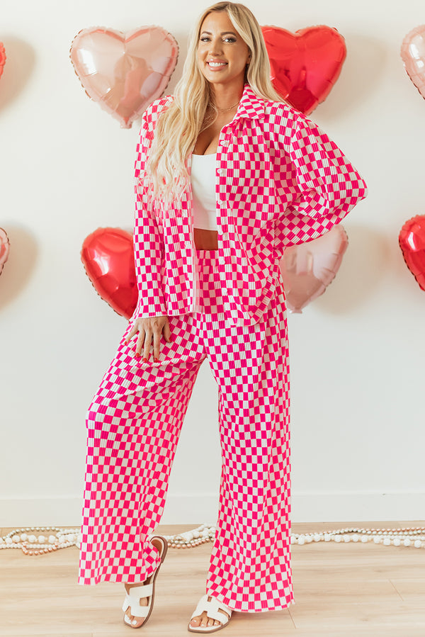 Pantalon femme à carreaux, boutonnée, taille haute — rose