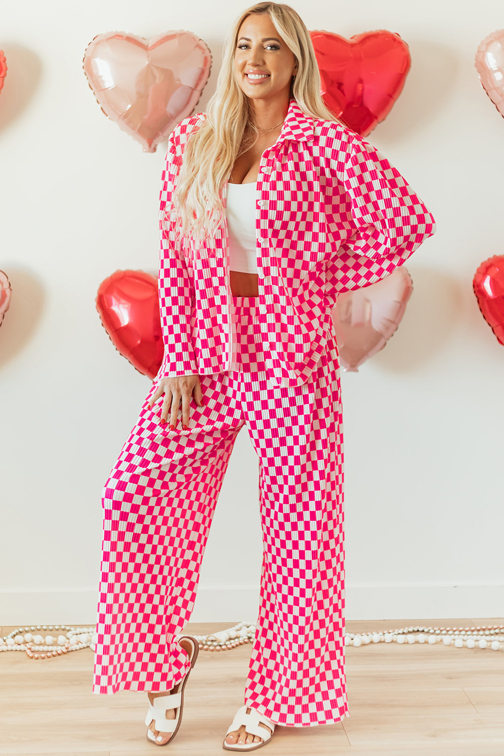 Pantalon femme à carreaux, boutonnée, taille haute — rose