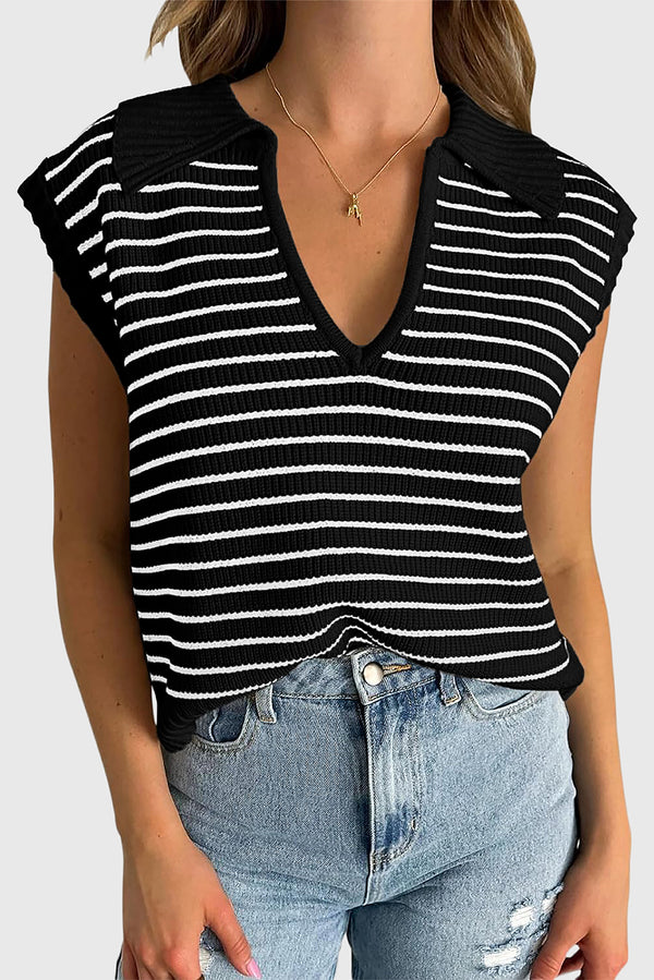 Pull femme rayé, col V — noir