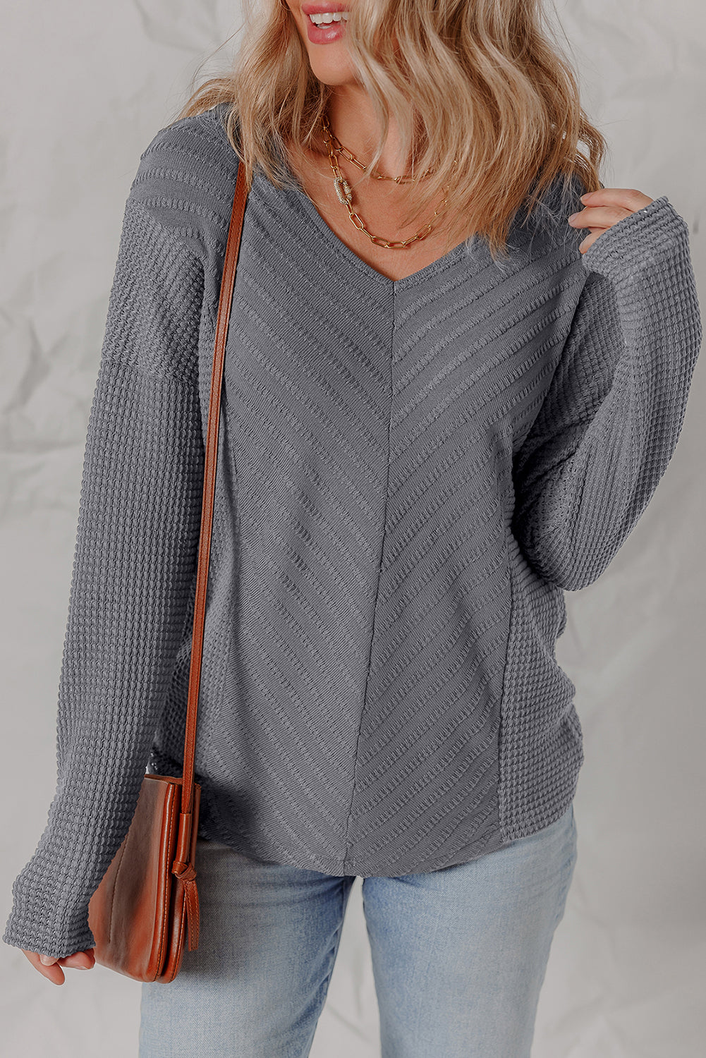 Haut femme patchwork, en maille, manches longues, col V