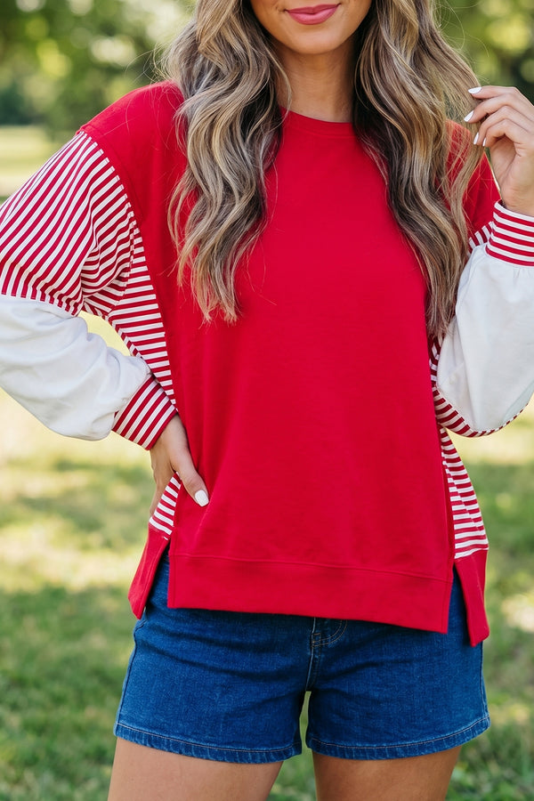 Sweat femme rayé, patchwork, colorblock — rouge feu