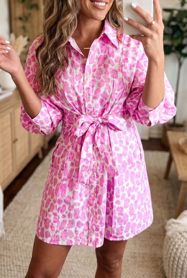 Robe femme léopard, manches bouffantes, mini — rose-P1020