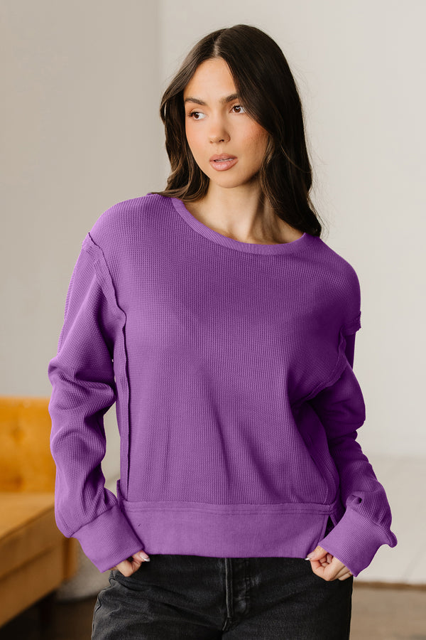 Sweat femme patchwork, épaules tombantes, uni, côtelé