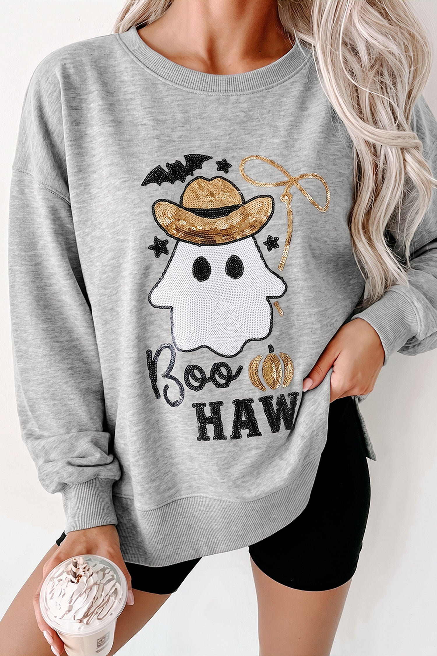 Sweat femme paillettes, manches longues, col rond — gris