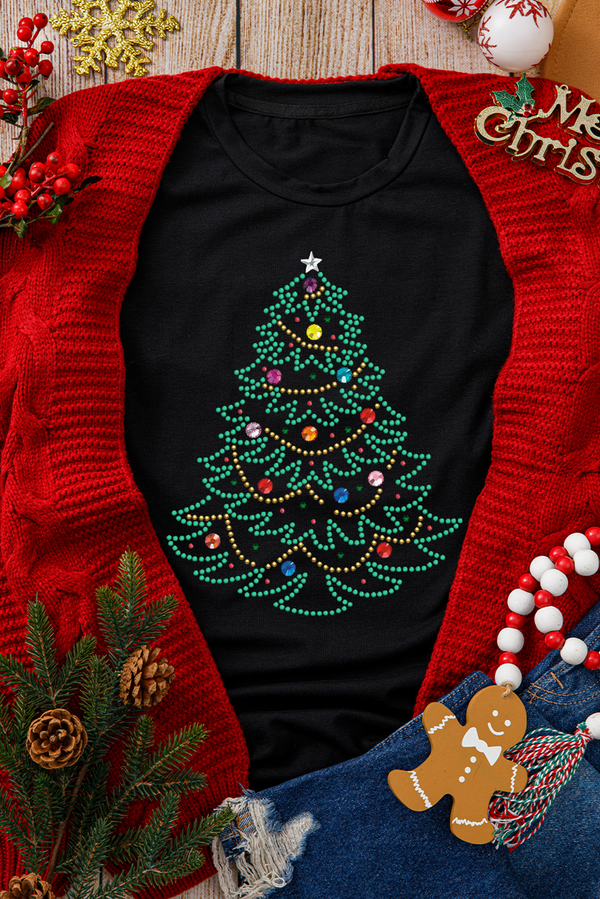 T-shirt femme graphique, strass, Noël, col rond — noir