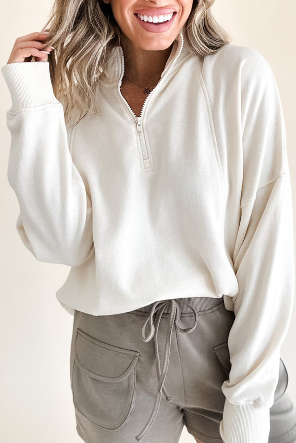 Sweat femme zip, épaules tombantes — blanc