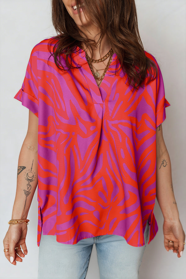 Blouse femme manches courtes, col V — multicolore