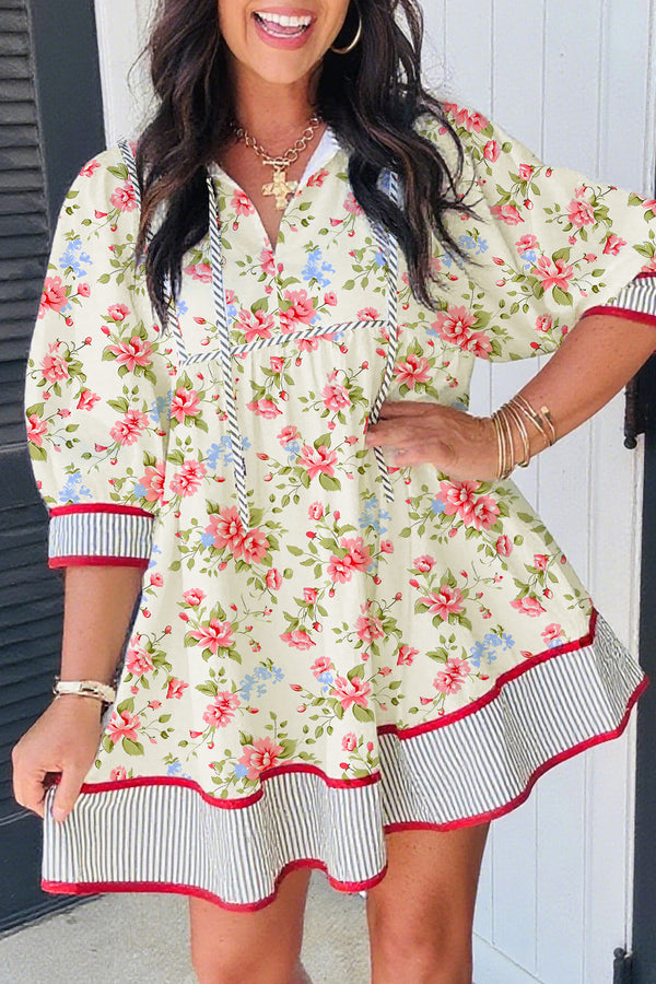 Robe femme floral, rayé, manches bouffantes — abricot