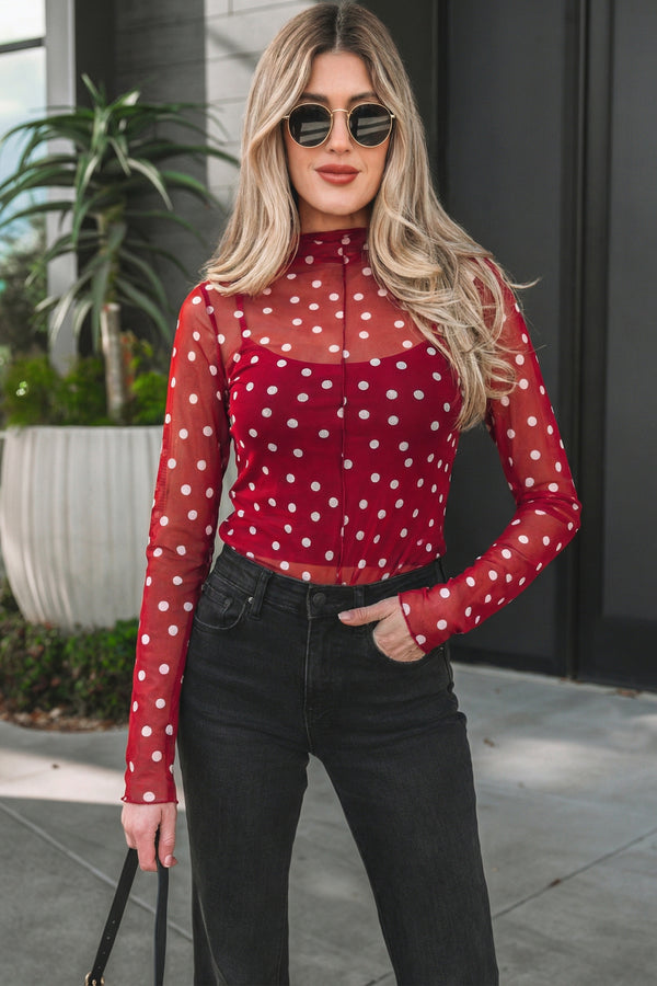 Haut femme pois, transparent, manches longues, col montant — rouge