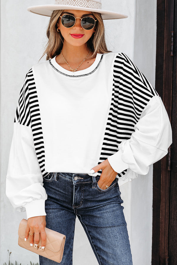 Sweat femme rayé, patchwork, colorblock — blanc