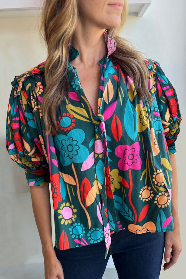Blouse femme floral, manches bouffantes, col V — vert