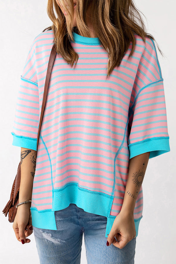 T-shirt femme rayé, oversized, bordure contrastée — rose