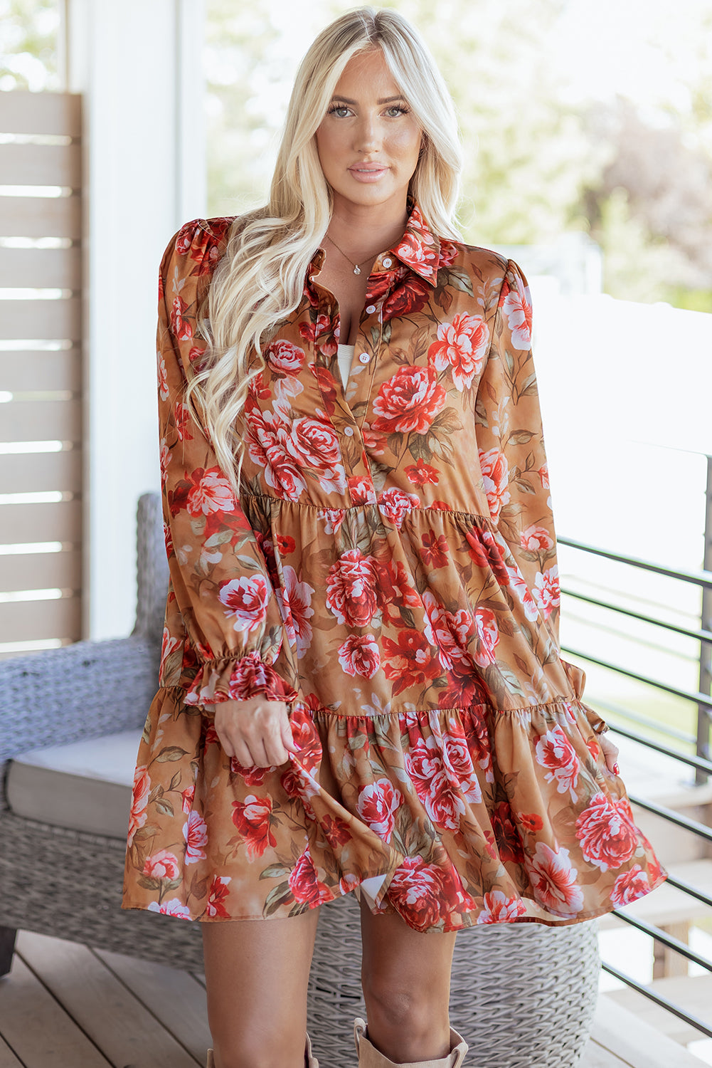 Robe courte femme floral, à volants, boutonnée, demi-boutonnage, manches longues, vintage — marron
