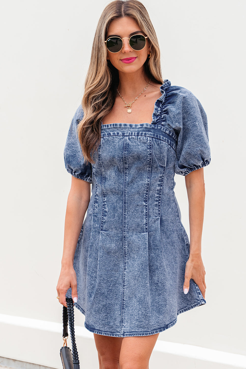 Robe femme manches bouffantes, denim — bleu