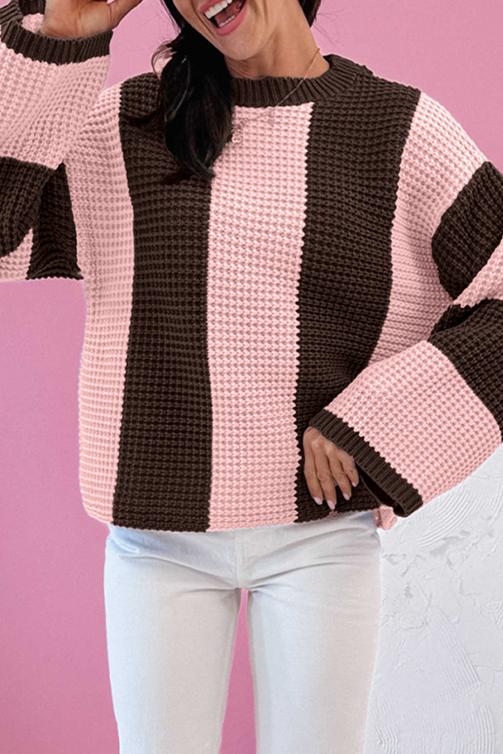 Pull femme rayé, en maille, épaules tombantes, colorblock