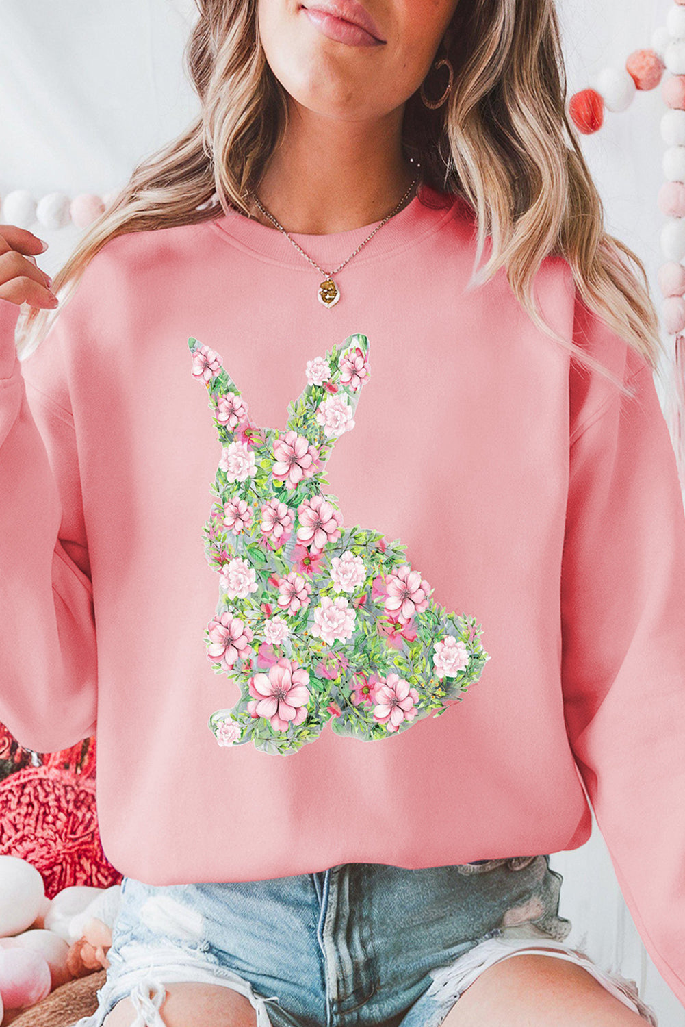 Sweat femme floral, col rond — rose