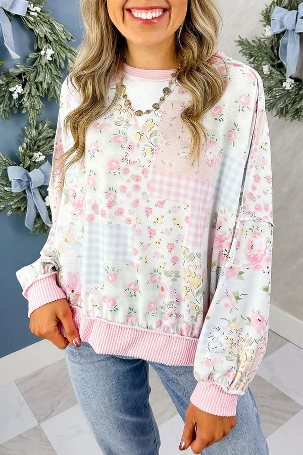 Haut femme floral, patchwork, manches longues, côtelé — rose