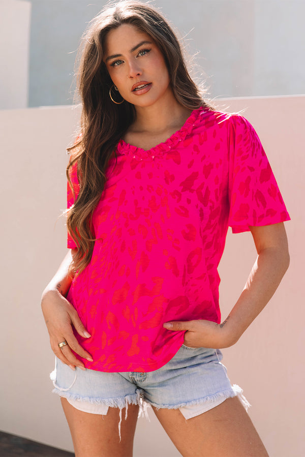 Blouse femme léopard, manches courtes, col V
