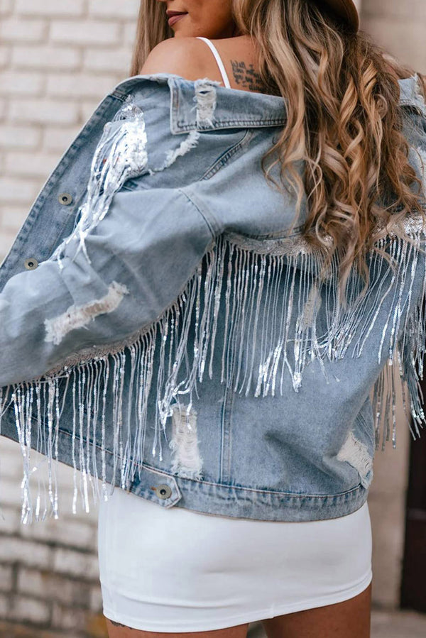 Veste femme paillettes, denim — bleu ciel