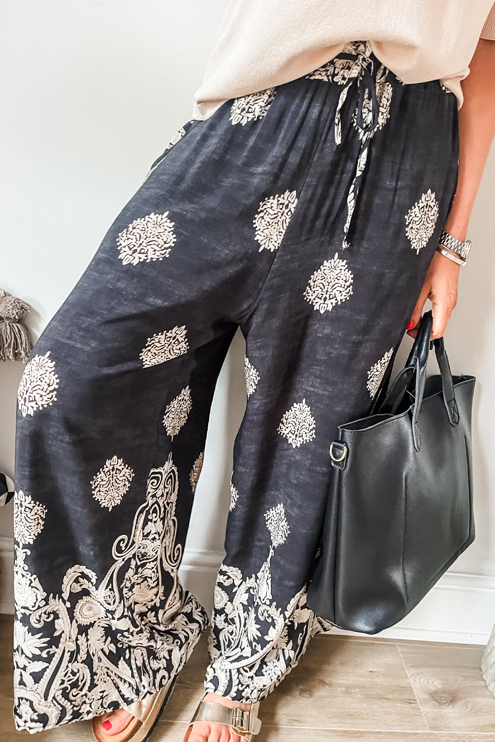Pantalon femme à cordon, taille élastique, jambe large — noir