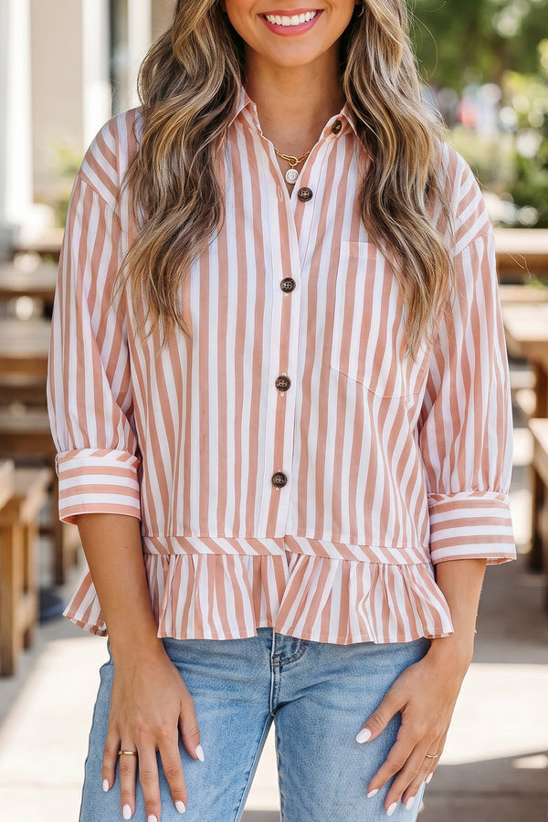 Chemise femme rayé, à volants, boutonnée, manches bracelet — kaki