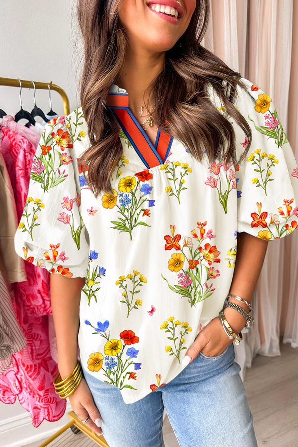 Short femme floral, manches bouffantes, col V — blanc