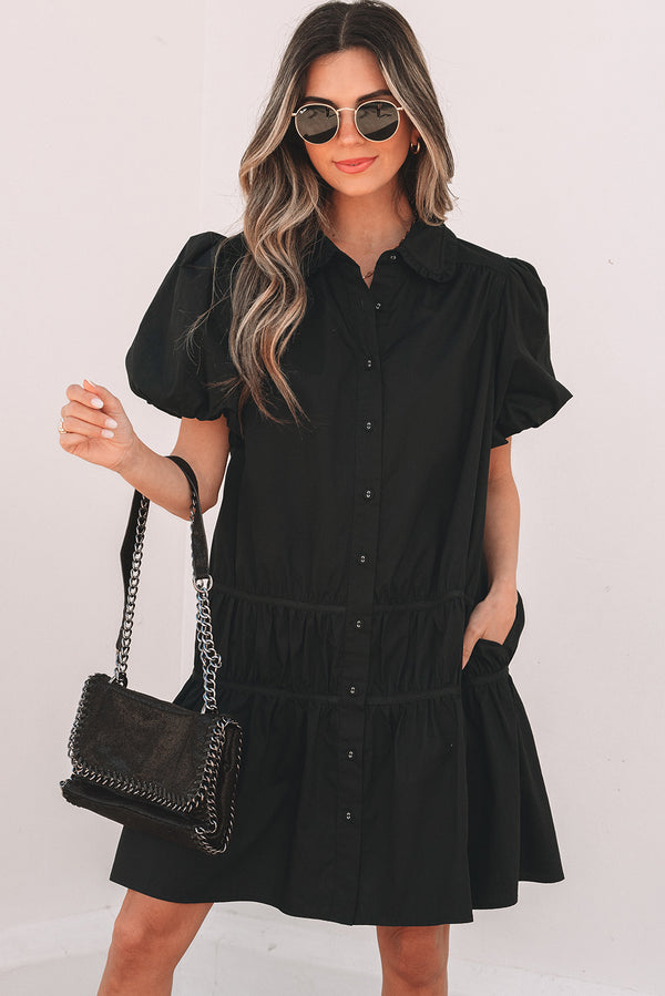 Robe femme à volants, boutonnée, manches bouffantes — noir