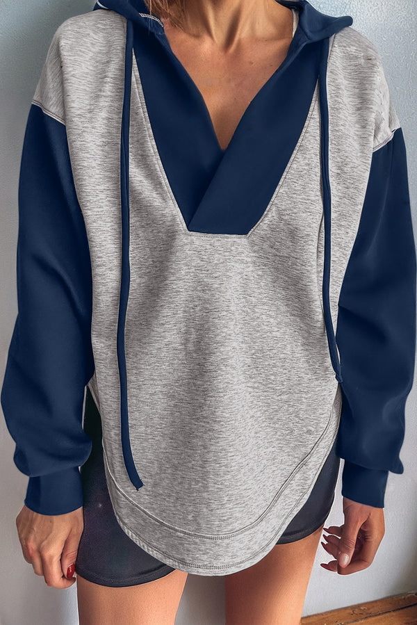 Hoodie femme patchwork, à cordon, à capuche, col V, colorblock — gris clair