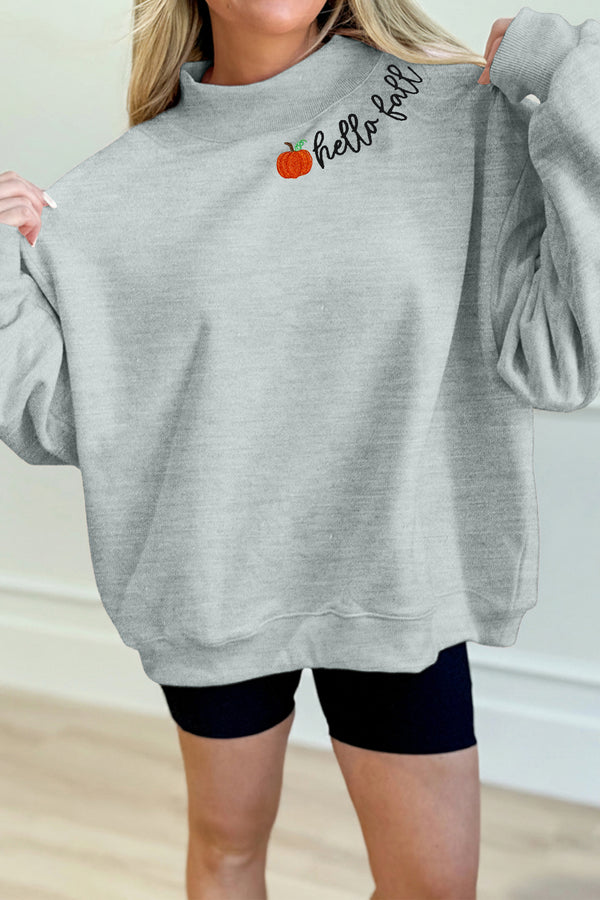 Sweat femme brodé, col montant — gris