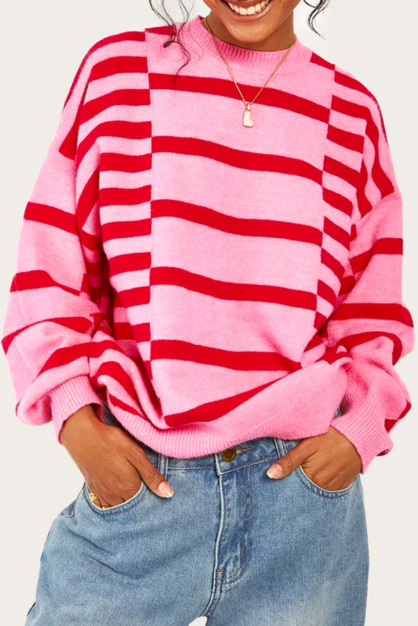 Pull femme rayé, manches ballon, épaules tombantes, côtelé — rose