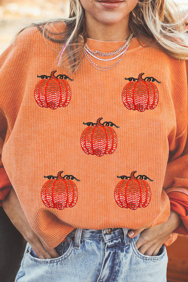 Sweat femme paillettes, côtelé — orange