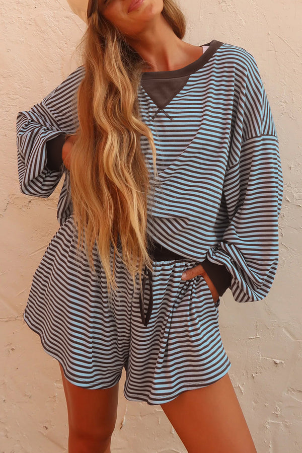 Ensemble femme rayé, à cordon, manches longues, oversized, ample — marron