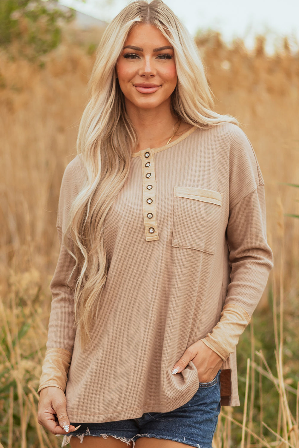Haut femme gaufré, colorblock — kaki