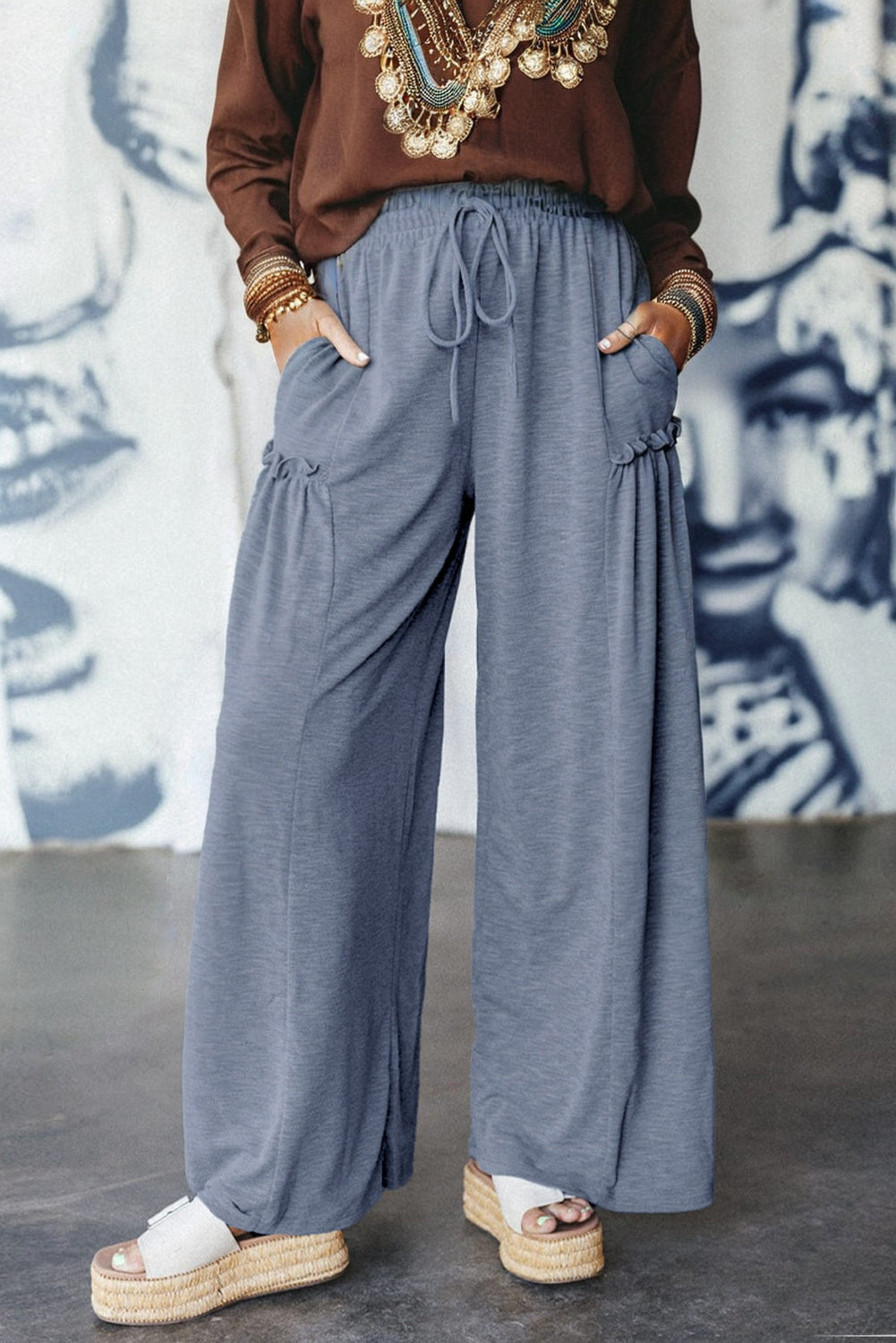 Pantalon femme à cordon, taille élastique, jambe large