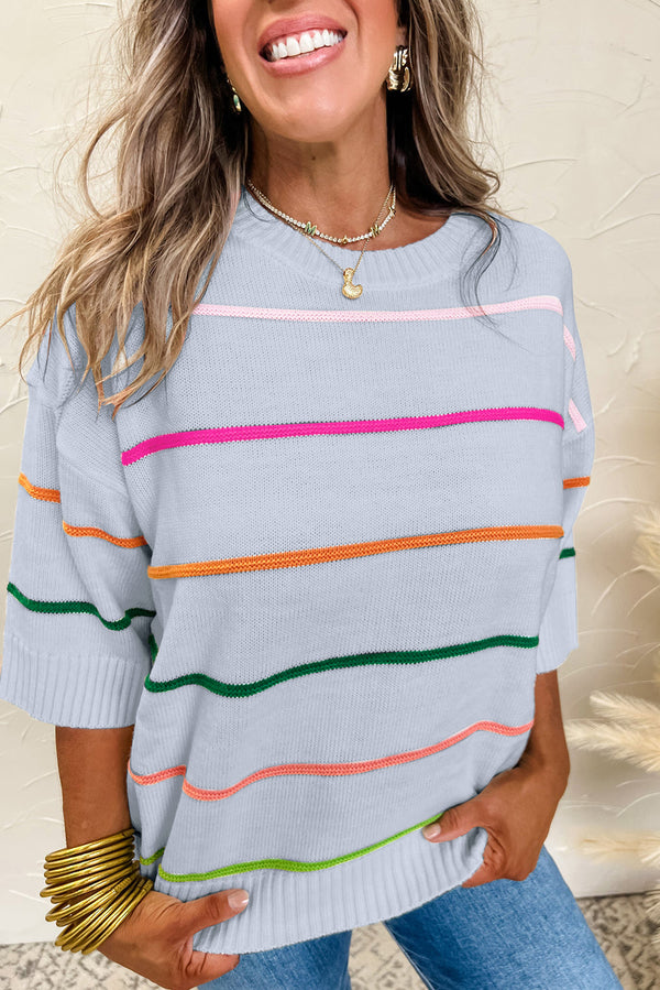 Pull femme rayé, manches 3/4, épaules tombantes, colorblock — bleu ciel