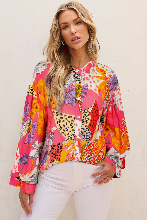 Chemise femme floral, à volants, boutonnée, manches ballon — rouge