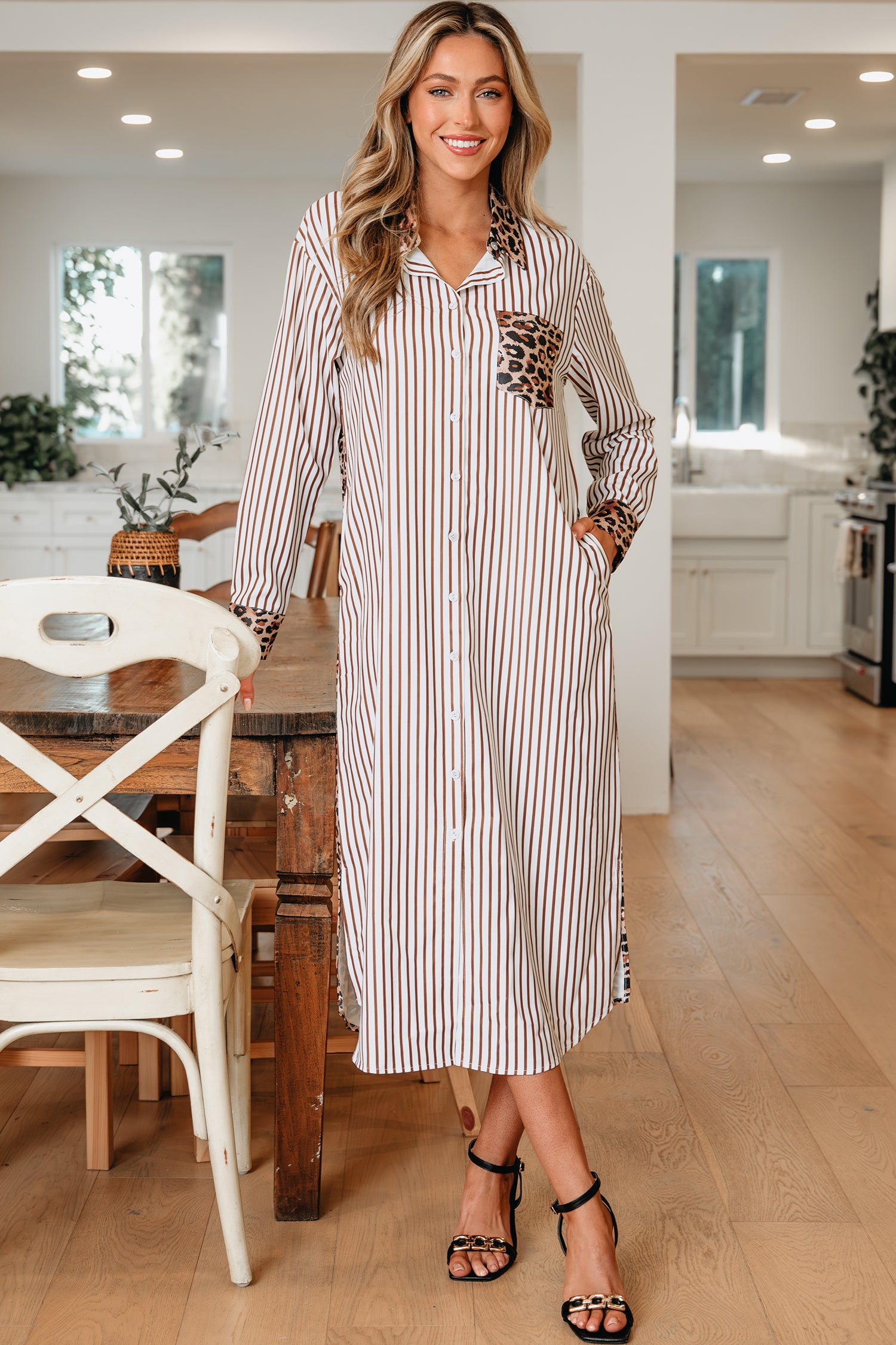 Robe femme léopard, rayé, patchwork — marron