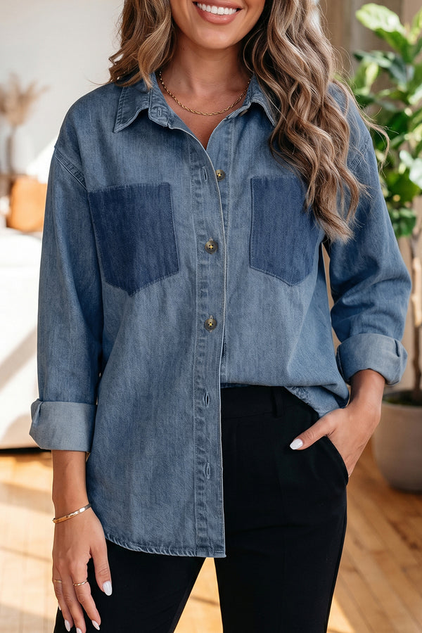 Chemise femme boutonnée, poches, casual, denim, colorblock — bleu ciel-P420