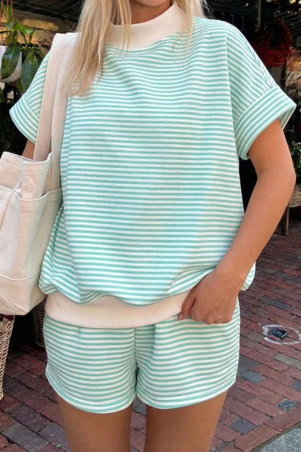 Ensemble femme rayé, col montant, casual — vert