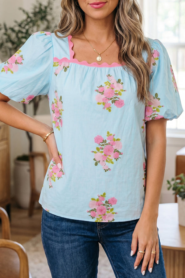 Blouse femme floral, manches ballon — bleu ciel
