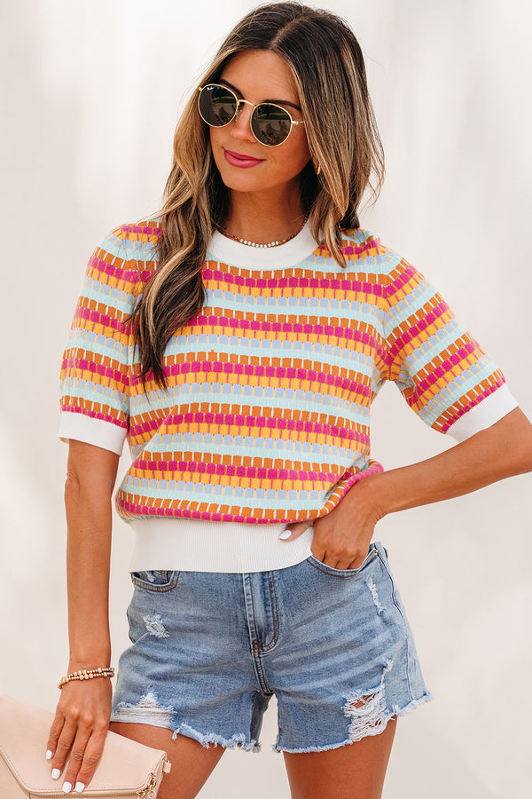 Pull femme rayé, en maille, manches courtes — orange