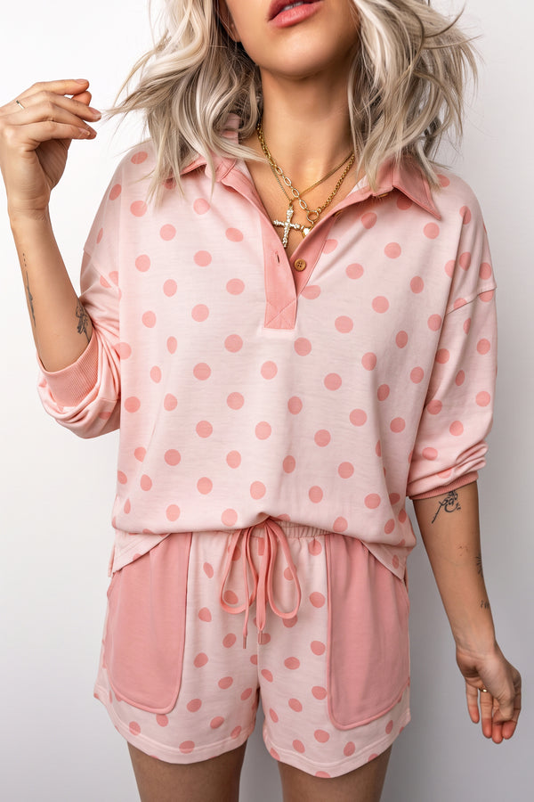 Short femme pois, poches, épaules tombantes, ample, casual — rose