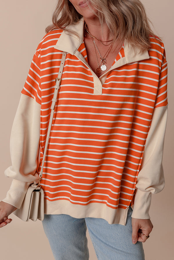 Sweat femme rayé, épaules tombantes, ample, colorblock — orange