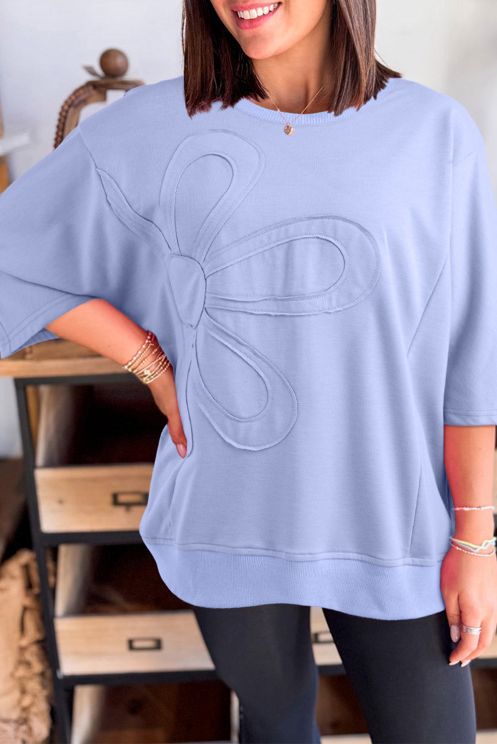 Haut femme floral, manches 3/4 — bleu ciel