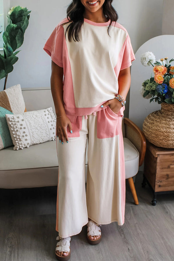 Pantalon femme patchwork, à cordon, ample, colorblock — blanc · LC629082-P101 · LC629082-P101-L