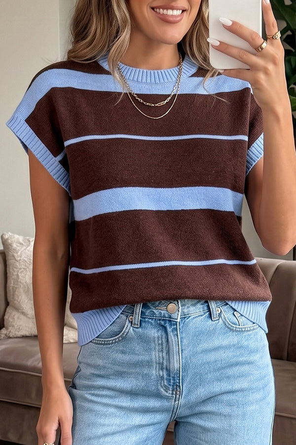 Haut femme rayé, en maille, manches courtes, col rond, casual — bleu ciel