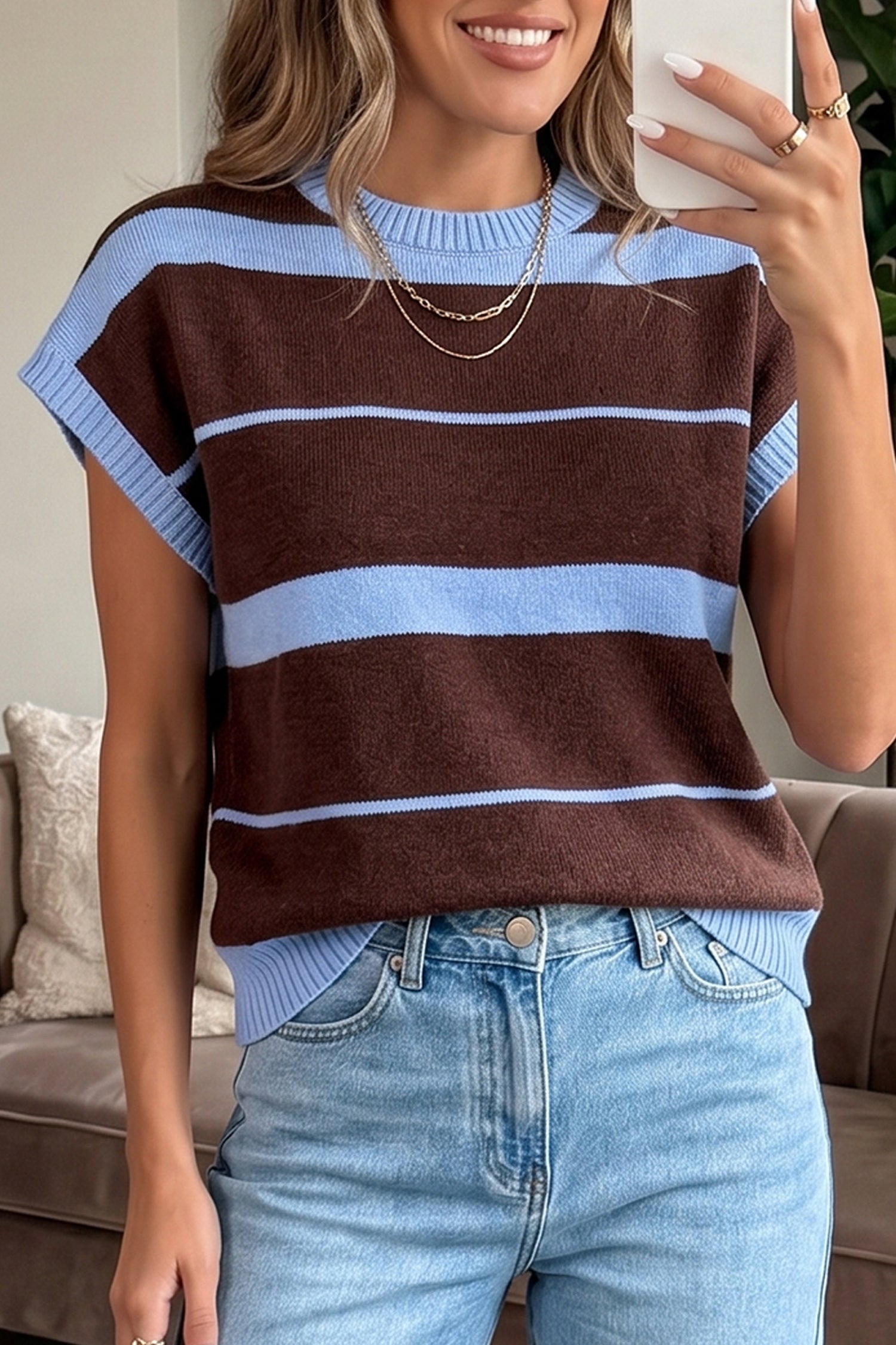 Haut femme rayé, en maille, manches courtes, col rond, casual — bleu ciel