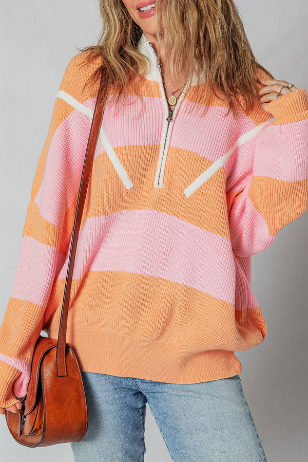 Pull femme rayé, zip, colorblock — orange